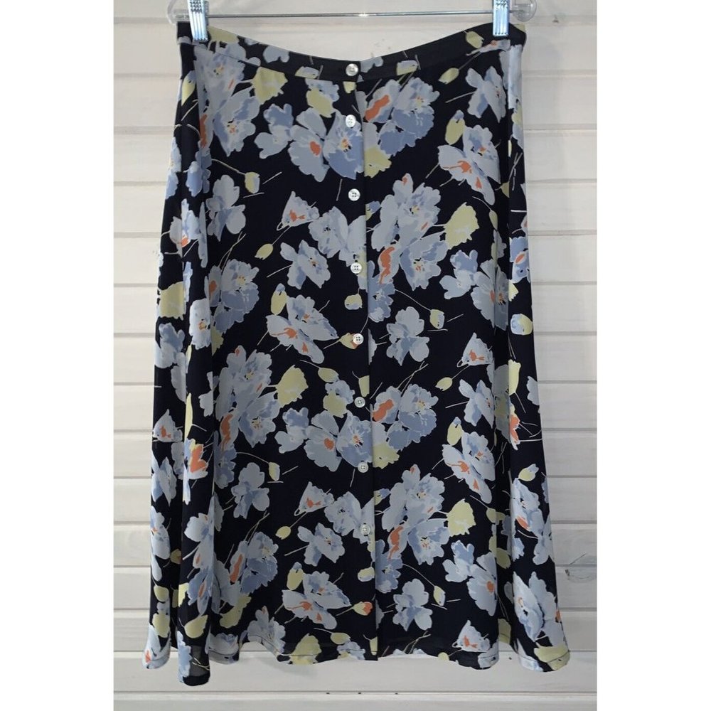 CHAPS Ralph Lauren Sz 10 Blue Floral Button Front Lined Skirt A-Line EUC